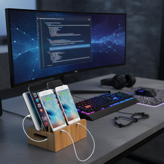 Bamboo Charging Station – Multi-Device Phone Stand & Desk Organizer