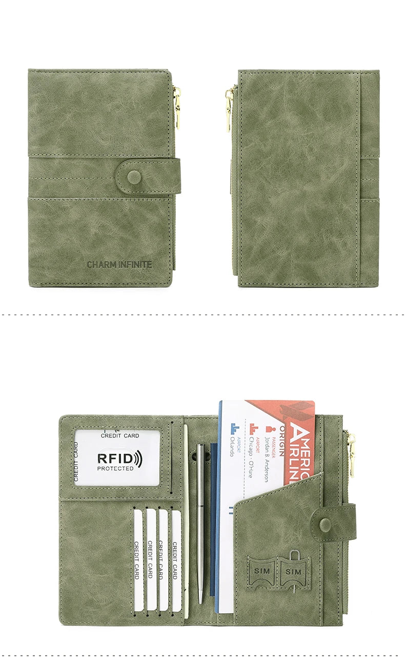 RFID Blocking Passport Bag, PU Solid Color, Zipper Buckle Wallet, Ticket Card Holder, Multi-functional Travel Passport Holder