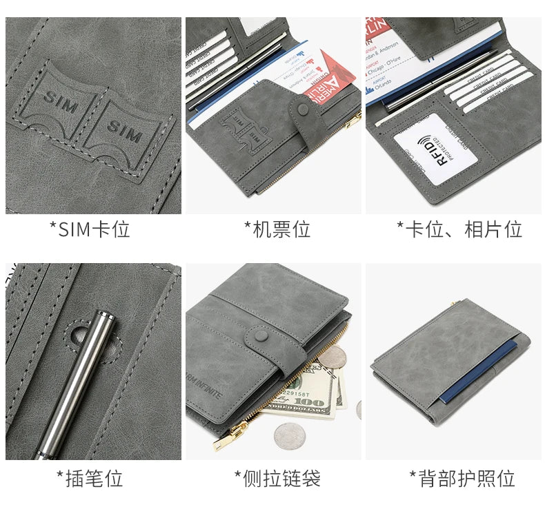 RFID Blocking Passport Bag, PU Solid Color, Zipper Buckle Wallet, Ticket Card Holder, Multi-functional Travel Passport Holder