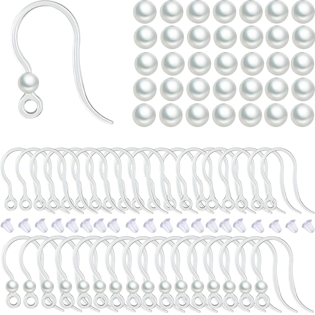 400Pcs:100Pc Hypoallergenic Earring Findings - Clear Hooks, Studs, 200 Backs & 100 Pearls Kit