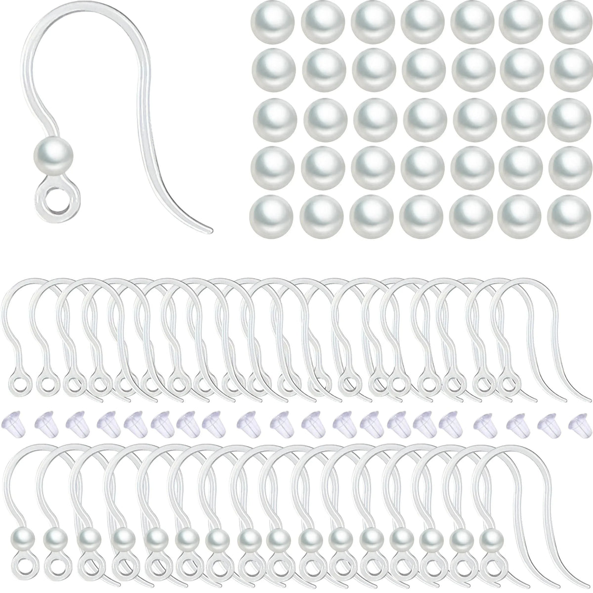 400Pcs:100Pc Hypoallergenic Earring Findings - Clear Hooks, Studs, 200 Backs & 100 Pearls Kit