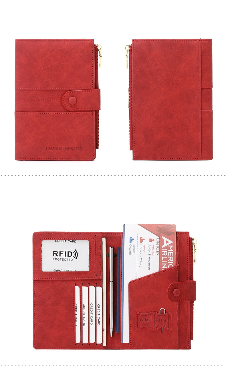 RFID Blocking Passport Bag, PU Solid Color, Zipper Buckle Wallet, Ticket Card Holder, Multi-functional Travel Passport Holder