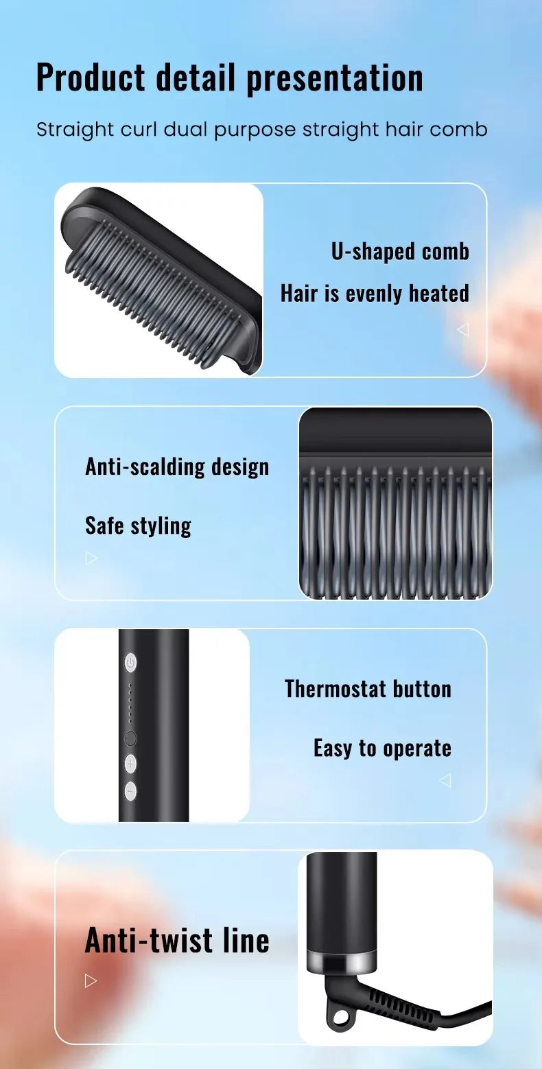 2in1 Hair Styler Straightening  Hot Comb Fast Heated Ceramic Negative Ion Curler Straightener Brush Anti-Scalding Styling Tools