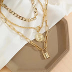3pcs Layered Necklace Set for Women Vintage Elegant Gold Plated Embossed Round Creative Lock Pendant Necklaces Fashion Jewelry