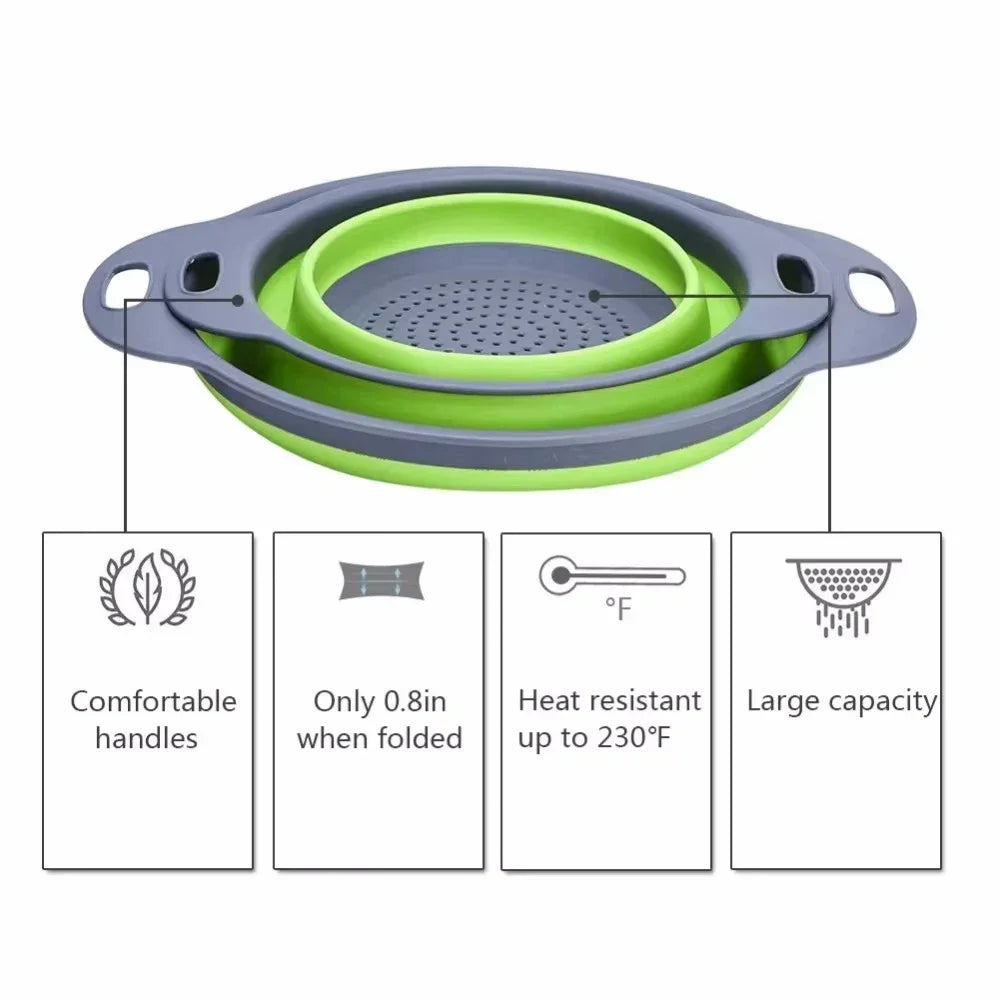 Round Collapsible Colander Silicone Kitchen Fruit Vegetable Washing Basket Strainer Foldable Drainer Kitchen Gadgets Tools