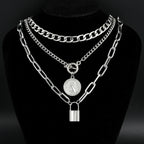 3pcs Layered Necklace Set for Women Vintage Elegant Gold Plated Embossed Round Creative Lock Pendant Necklaces Fashion Jewelry