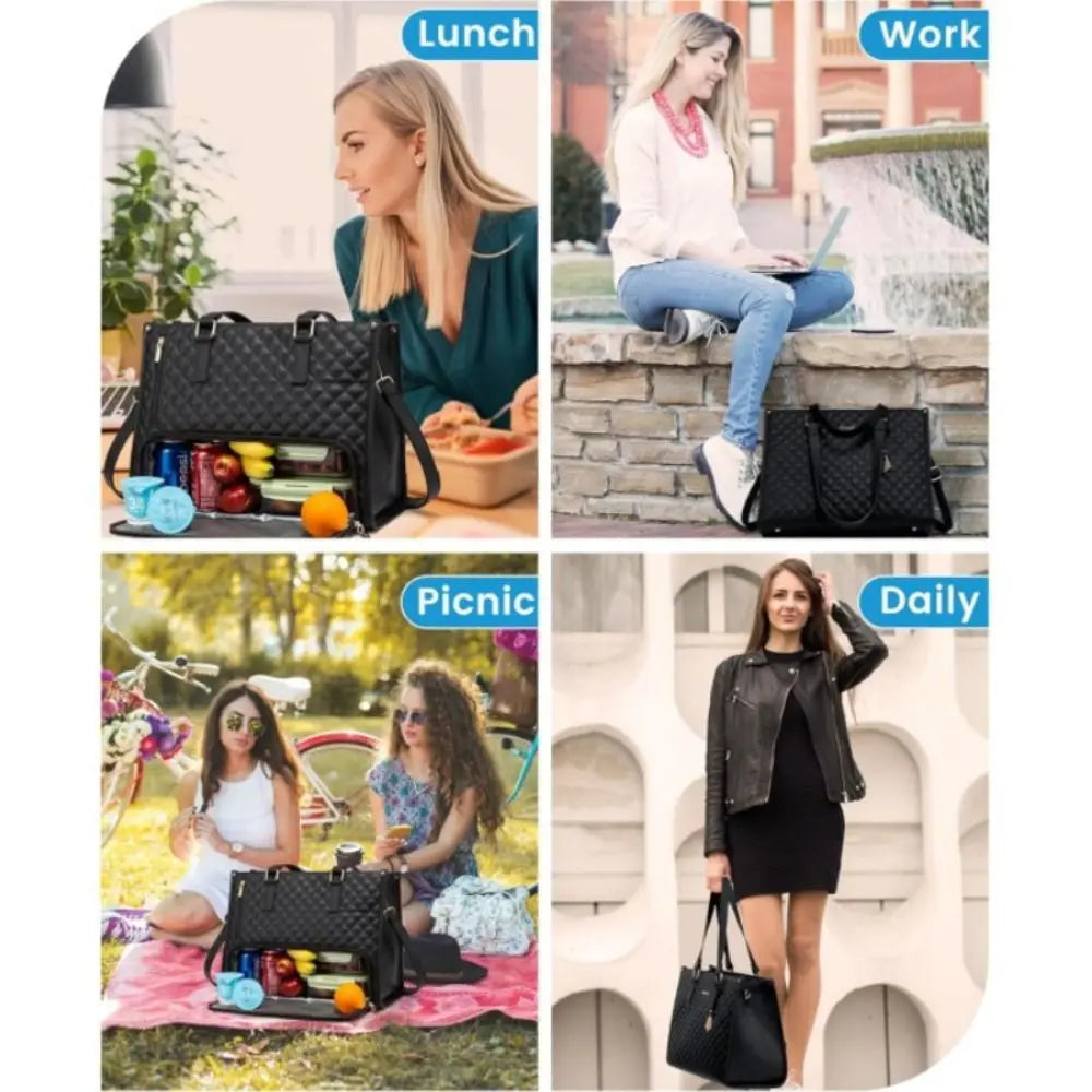 2 in 1 Lunch Tote Bag for Women Large Capacity Insulated 15.6 Inch Laptop Bag with Purse Lunch Compartment Computer Handbag