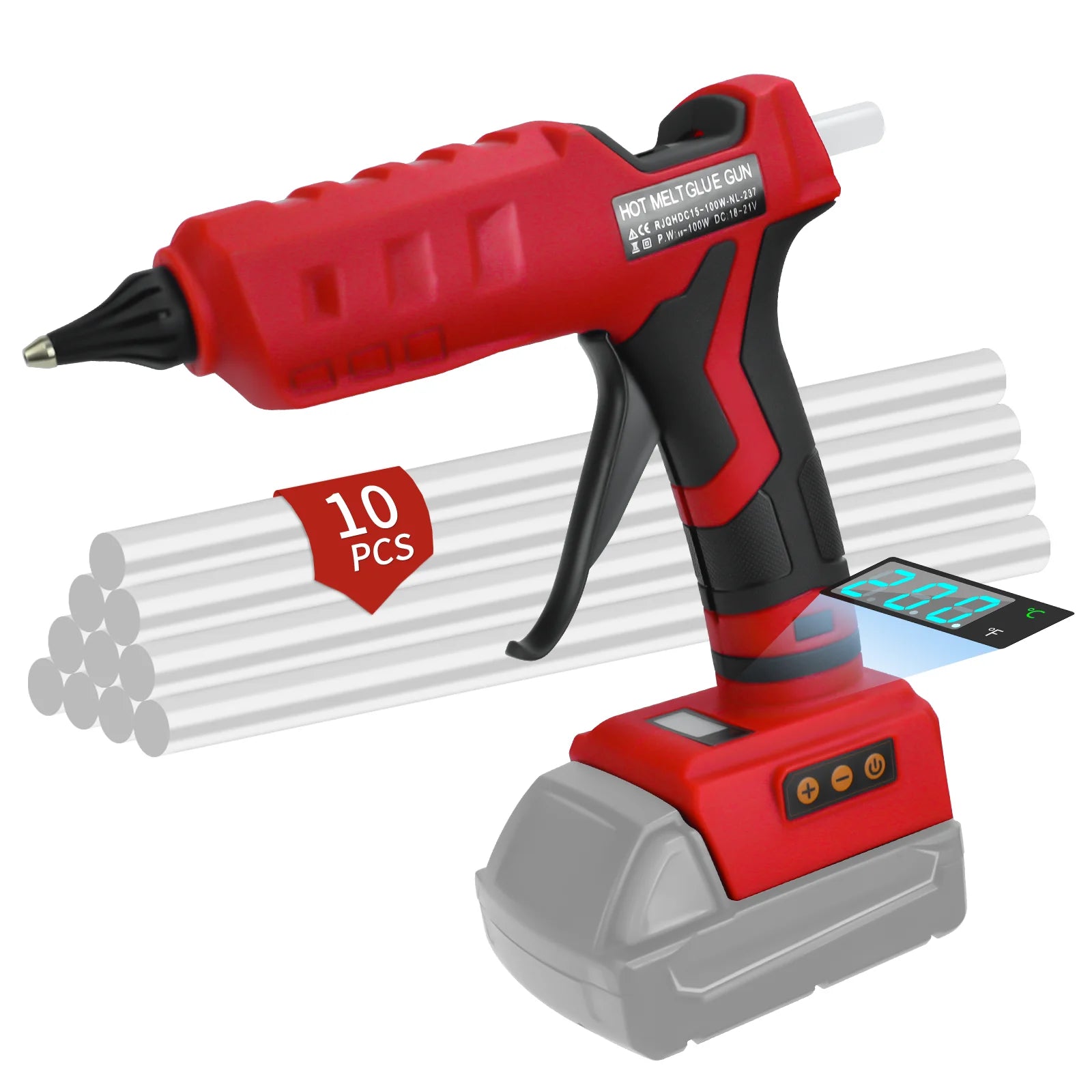 100W Cordless Hot Melt Glue Gun 100℃-200℃ LCD Digital Display with 10pcs 11mm Glue Sticks For Milwaukee 18V Battery (No Battery)
