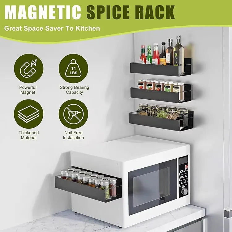 Magnetic Spice Rack for Refrigerator, Magnetic Shelf, Moveable Fridge Organizer with Hook Rack, Seasoning Organizer for Kitchen