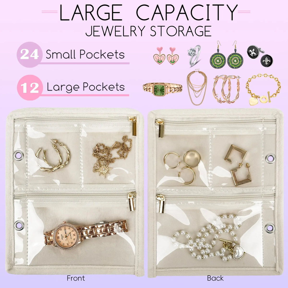 Travel Jewelry Organizer Case,Jewelry Bags Jewelry Storage Book Binder with Clear Zipper Velvet Pouch for Traveling,Earrings