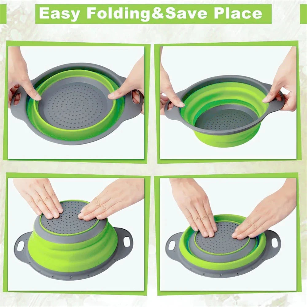 Round Collapsible Colander Silicone Kitchen Fruit Vegetable Washing Basket Strainer Foldable Drainer Kitchen Gadgets Tools
