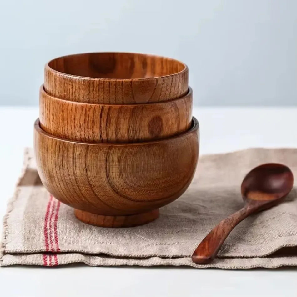 1 Pcs High Quality Eco-friendly Solid Round Wooden Bowl Polished Multi-Functional for Salad Fruits Soup Rice Kitchen Utensil