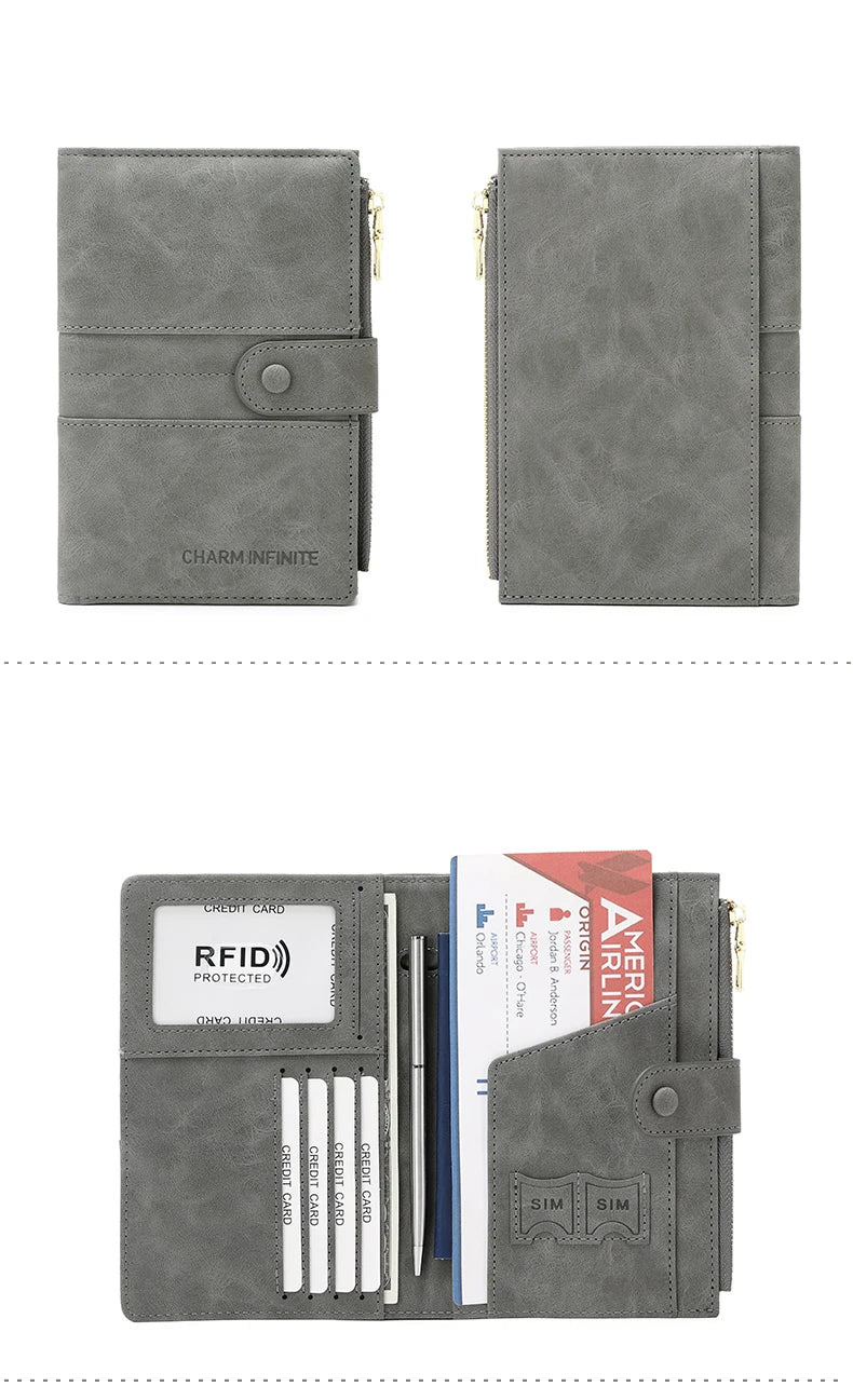 RFID Blocking Passport Bag, PU Solid Color, Zipper Buckle Wallet, Ticket Card Holder, Multi-functional Travel Passport Holder