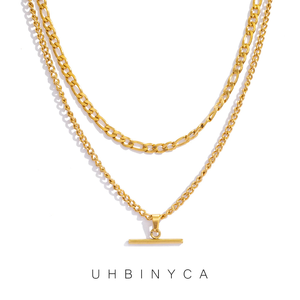Layered Necklace for Women Minimalist Stackable - 18K Gold Plated Stainless Steel Hypoallergenic Elegant Double Chain Jewelry