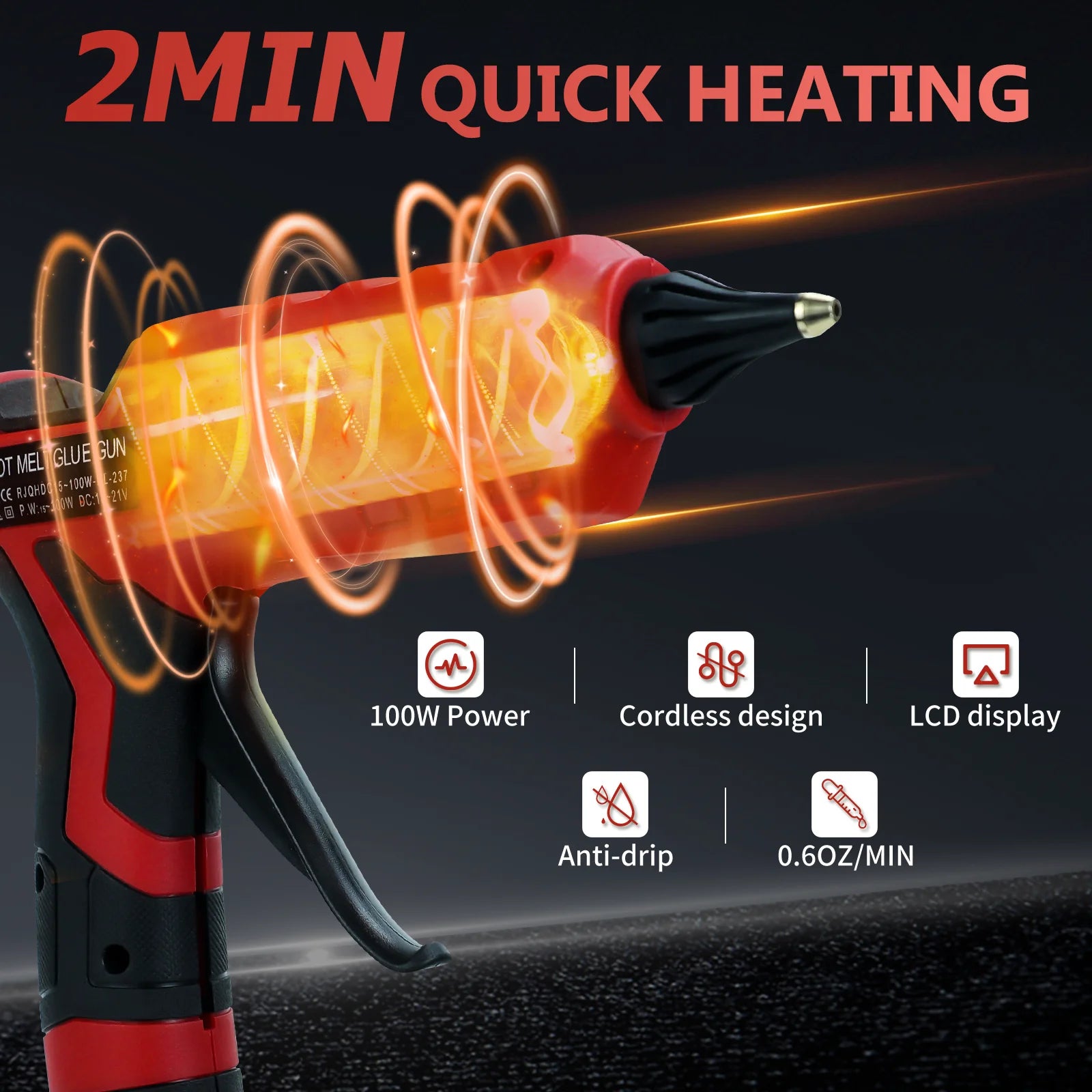100W Cordless Hot Melt Glue Gun 100℃-200℃ LCD Digital Display with 10pcs 11mm Glue Sticks For Milwaukee 18V Battery (No Battery)