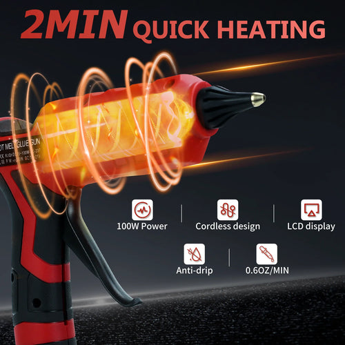 100W Cordless Hot Melt Glue Gun 100℃-200℃ LCD Digital Display with 10pcs 11mm Glue Sticks For Milwaukee 18V Battery (No Battery)