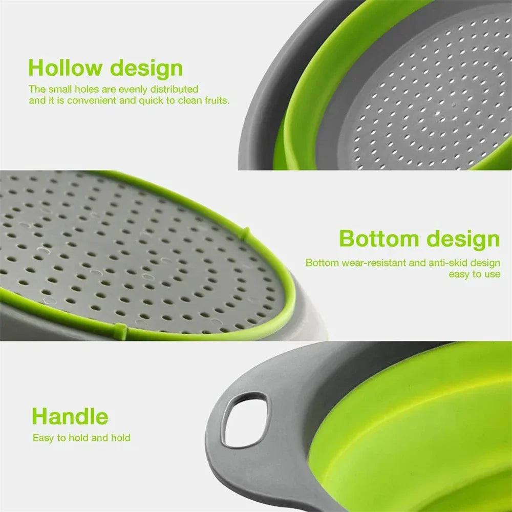 Round Collapsible Colander Silicone Kitchen Fruit Vegetable Washing Basket Strainer Foldable Drainer Kitchen Gadgets Tools