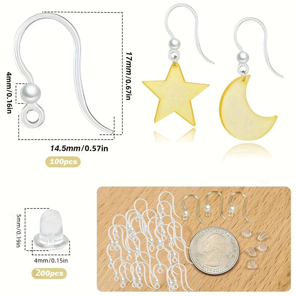 400Pcs:100Pc Hypoallergenic Earring Findings - Clear Hooks, Studs, 200 Backs & 100 Pearls Kit