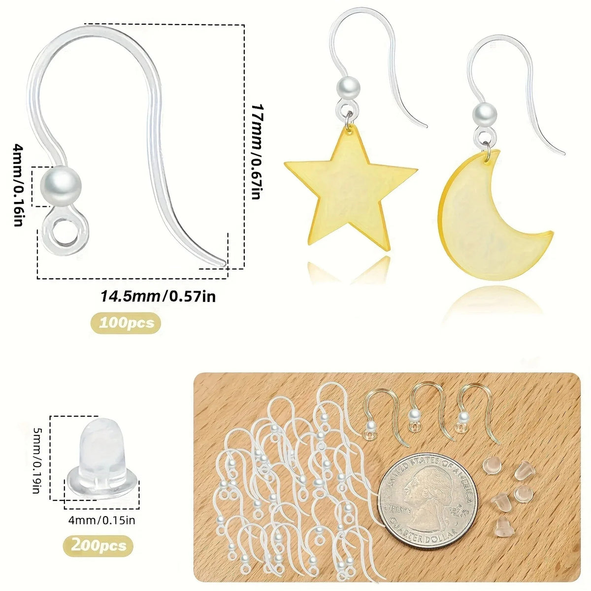 400Pcs:100Pc Hypoallergenic Earring Findings - Clear Hooks, Studs, 200 Backs & 100 Pearls Kit