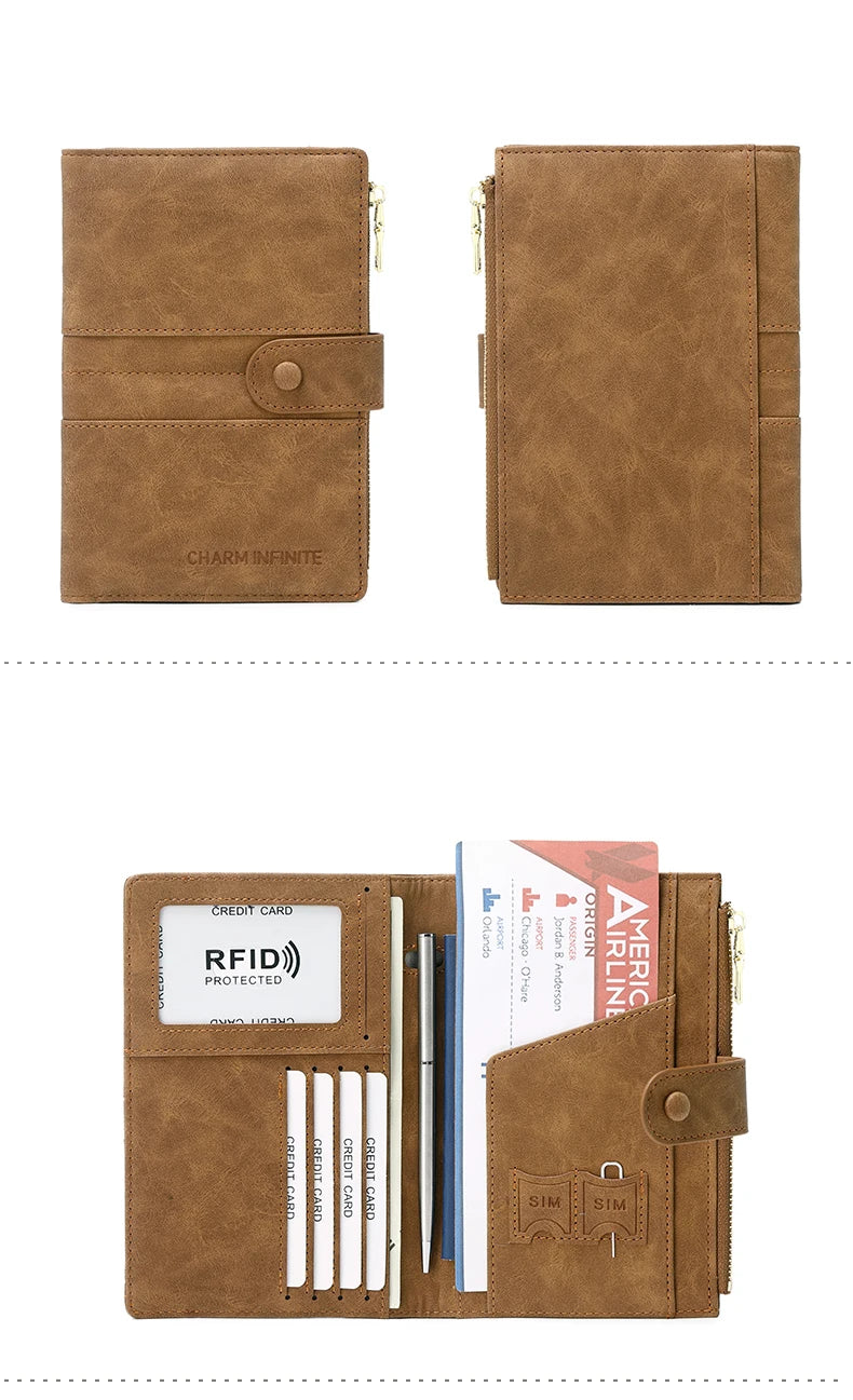 RFID Blocking Passport Bag, PU Solid Color, Zipper Buckle Wallet, Ticket Card Holder, Multi-functional Travel Passport Holder