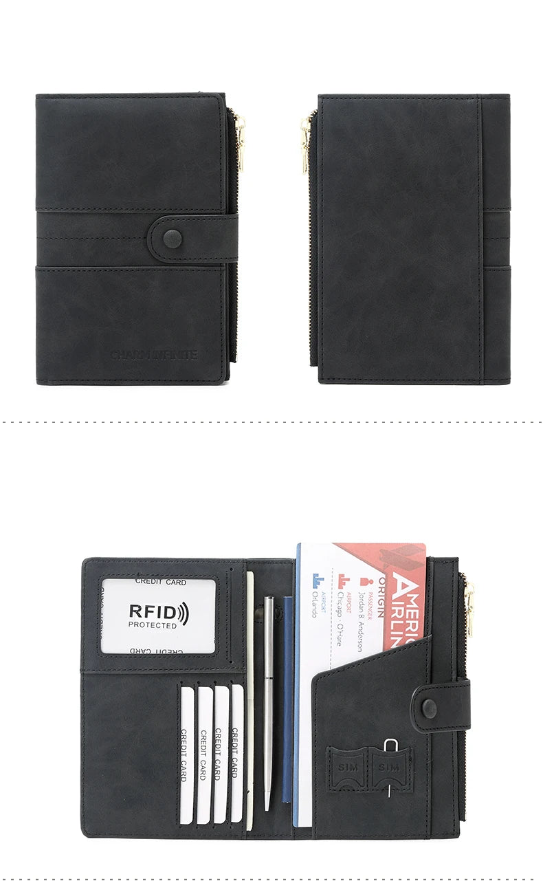 RFID Blocking Passport Bag, PU Solid Color, Zipper Buckle Wallet, Ticket Card Holder, Multi-functional Travel Passport Holder