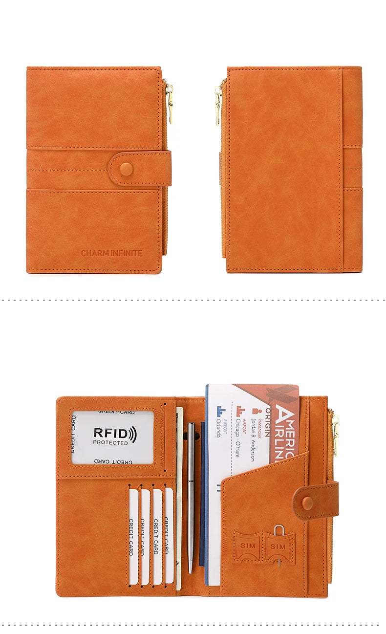 RFID Blocking Passport Bag, PU Solid Color, Zipper Buckle Wallet, Ticket Card Holder, Multi-functional Travel Passport Holder